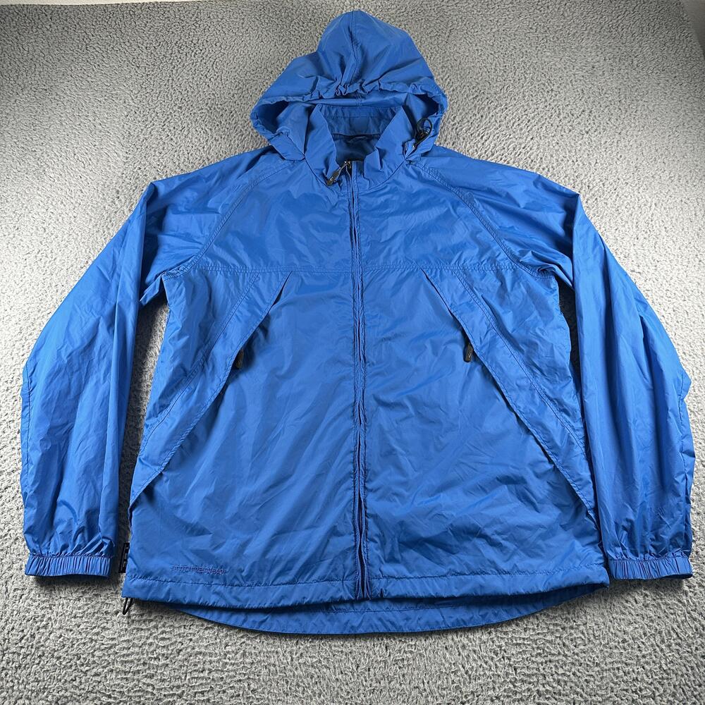 SCOTTeVEST Pack Windbreaker Jacket Mens XL Blue Hooded Zip Travel Tech Pockets